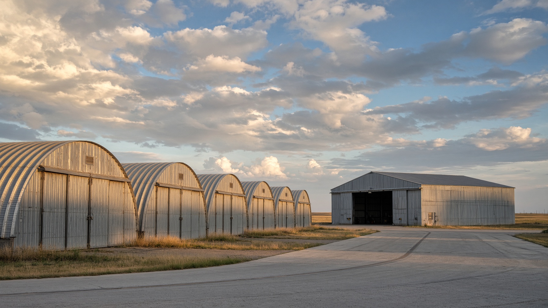 Steel T-hangars and the maintenance hangar at Watford City Municipal